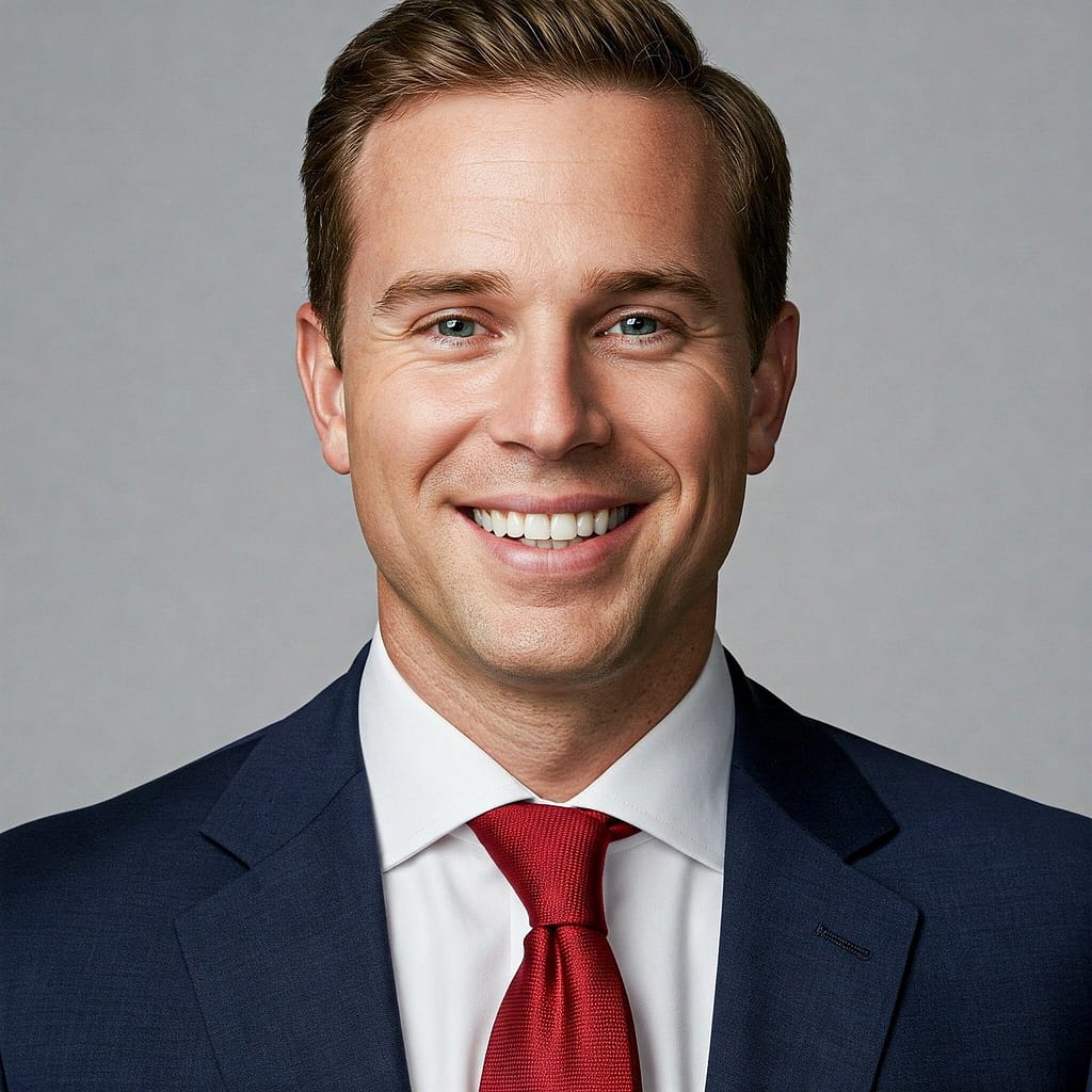 Man in a suit with a red tie, smiling, ideal for what to wear for professional headshots male.
