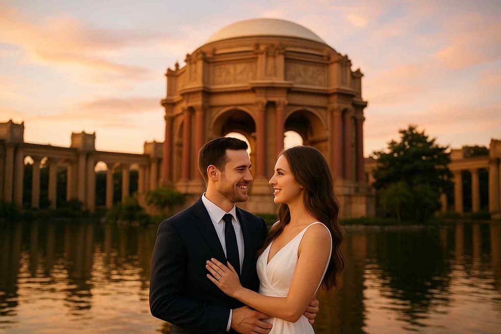 Joyful smiling couple enjoying a photo shoot at the Palace of Fine Arts in San Francisco