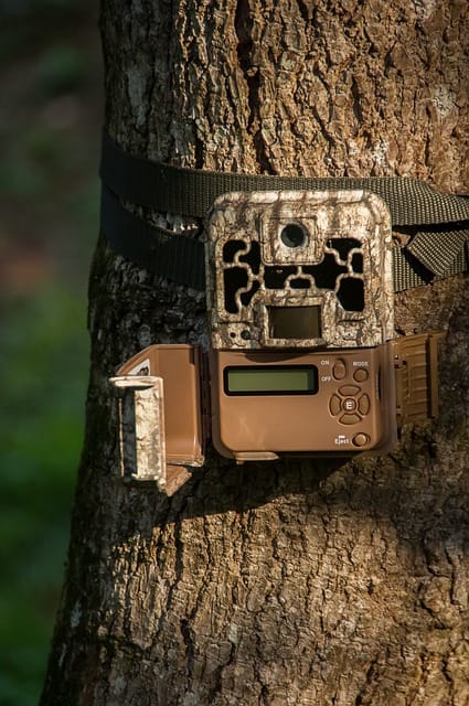 Wosoda trail camera mounted on a tree during daytime setup