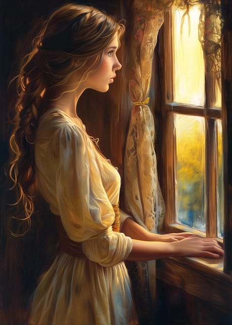 A girl painting while standing near a window, with sunlight softly shining through and creating a calm, creative atmosphere.