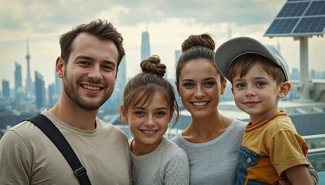 A happy family enjoying a picnic outdoors on a sunny day, dressed in coordinated summer family photo outfits.