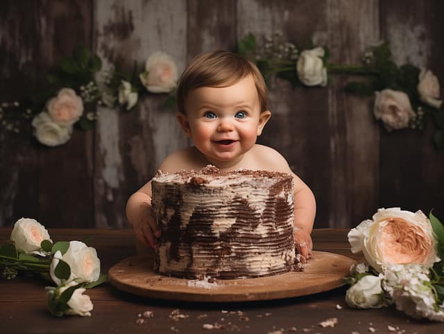 Baby enjoying photo smash the cake session with colorful birthday cake