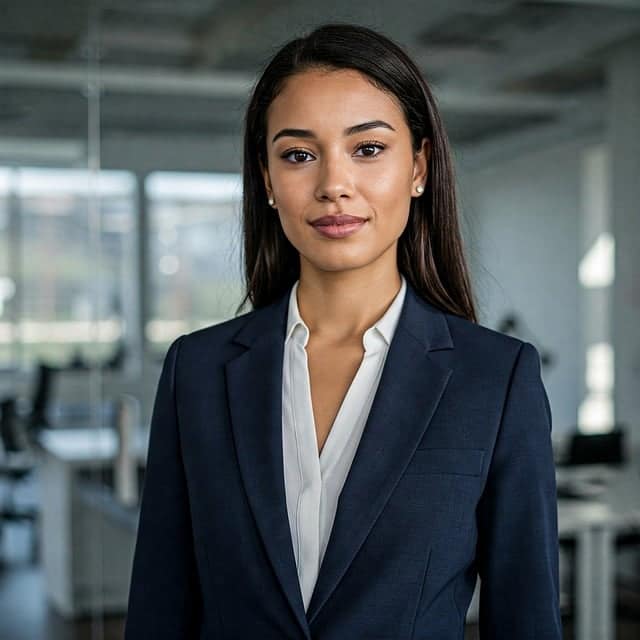 Professional headshot of a confident young woman smiling in formal attire
