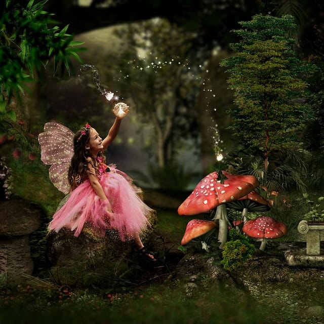 Magical fairy girl glowing in the forest surrounded by lights and mushrooms – fantasy scene inspired by firefly park photos.