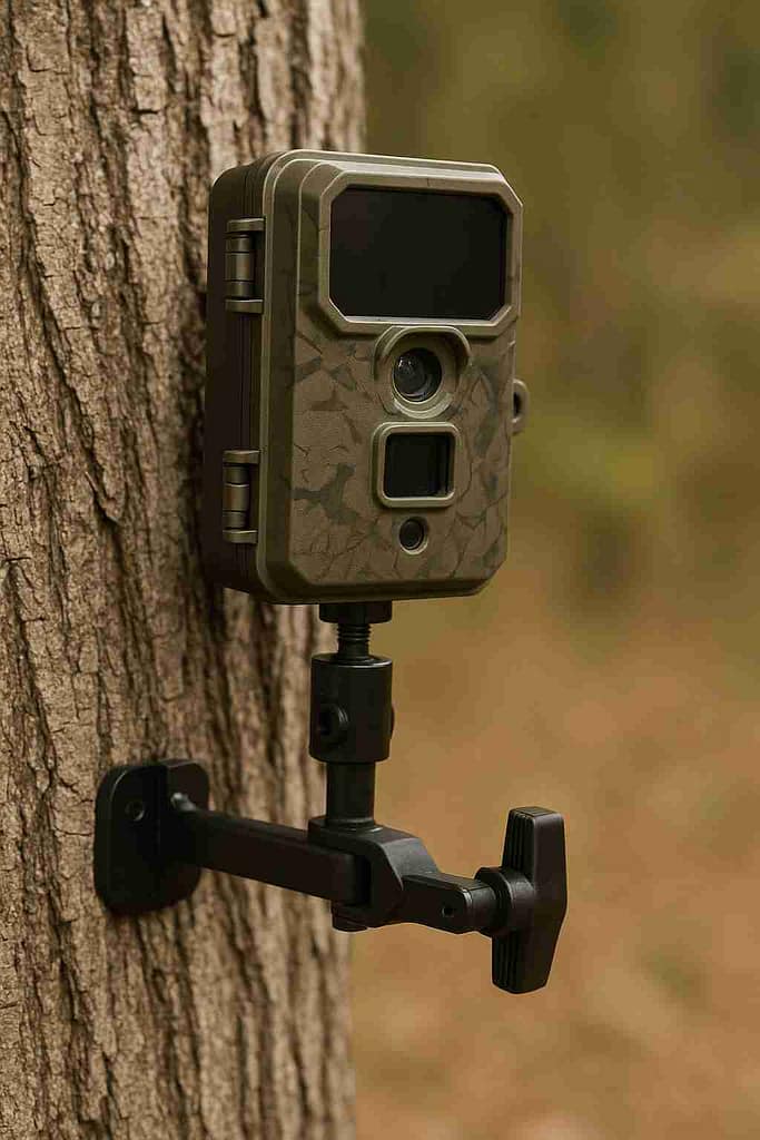 A sturdy game camera mount attached to a tree for capturing wildlife activity in forests.