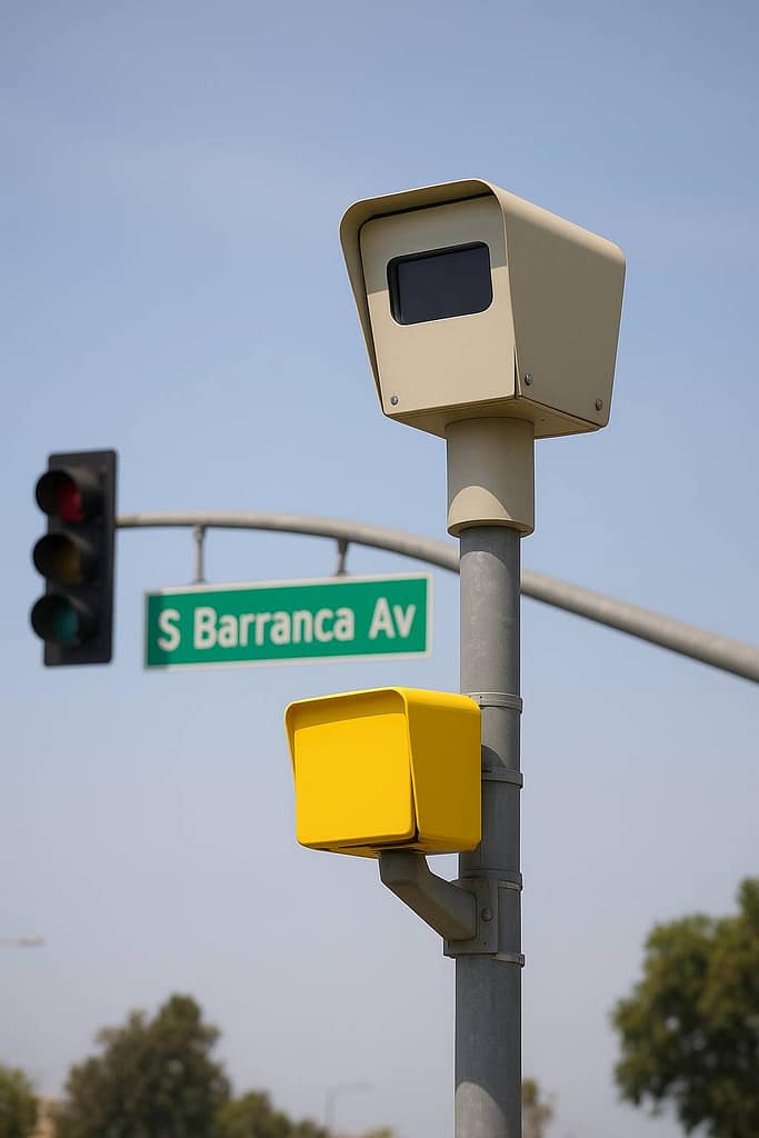 Rowland St & S Barranca Ave red light camera at Covina intersection capturing red light violations