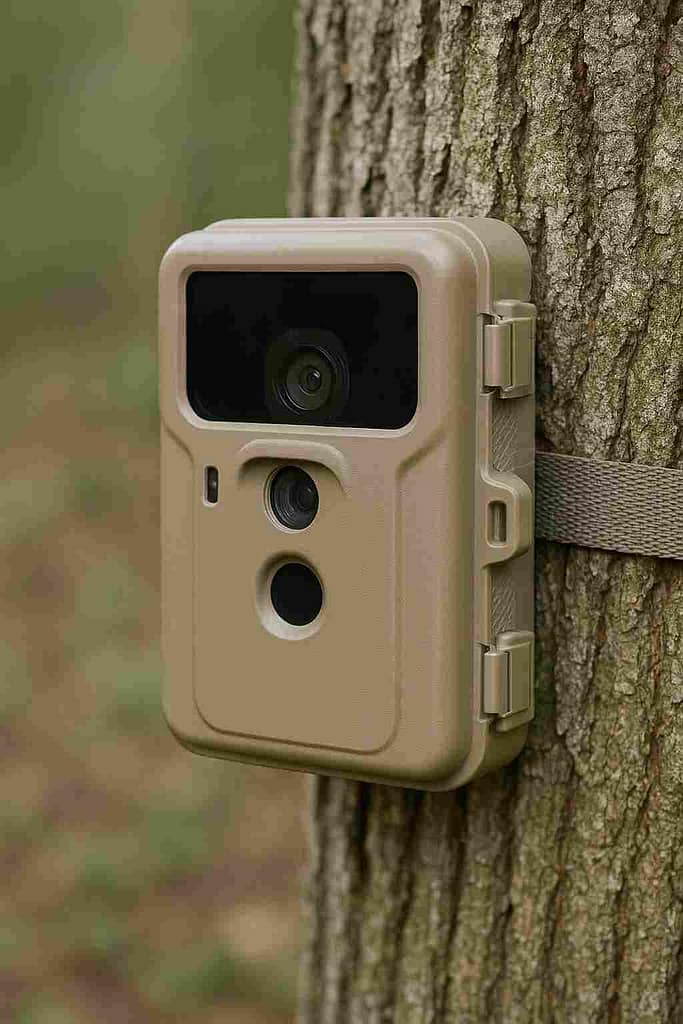 trail camera mount securely attached to a tree capturing deer in the forest