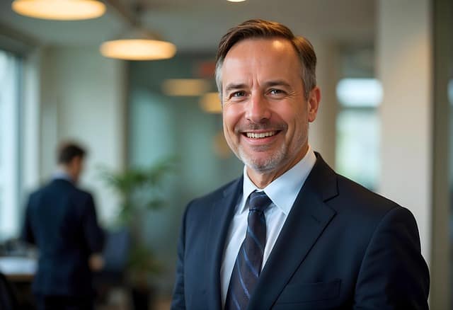 Smiling man in a suit and tie, standing confidently in an office environment, ideal for professional headshots male.
